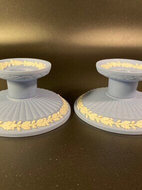 RARE  !! Pair of Wedgwood Pale Blue Jasperware Candlesticks Candle Holders